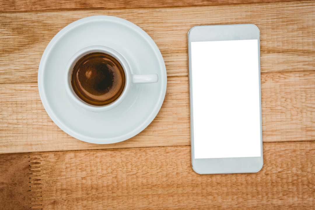 Transparent Screen Smartphone Next to Espresso on Wooden Desk - Download Free Stock Images Pikwizard.com