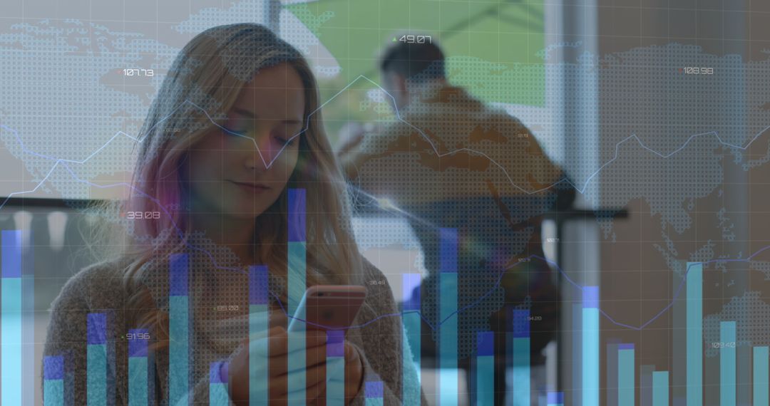 Woman Analyzing Data on Smartphone with Financial Graph Overlay