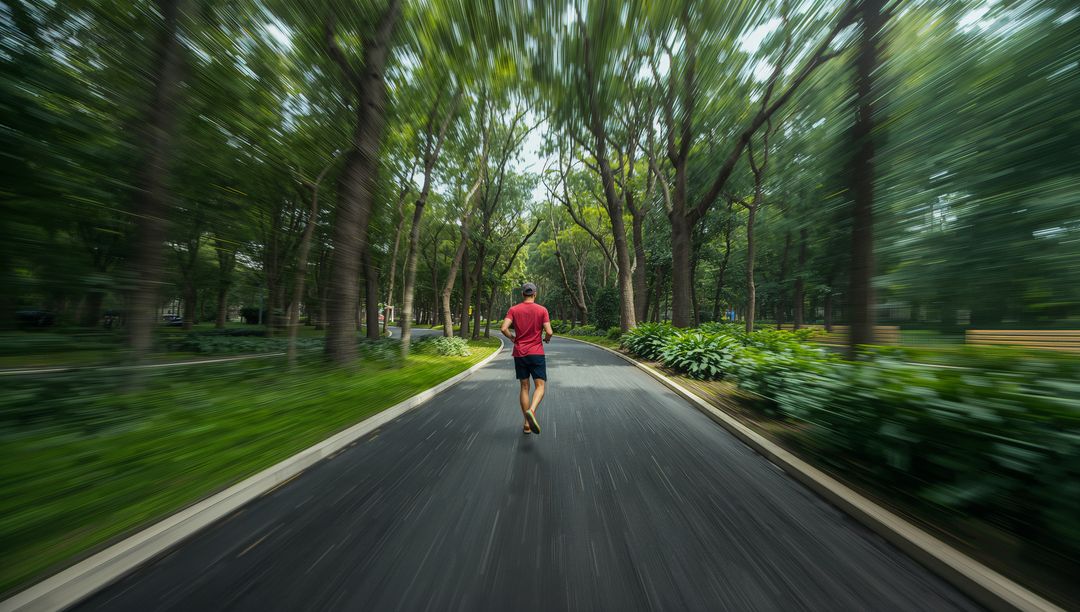 Man Running on Forest Trail Surrounded by Vivid Greenery