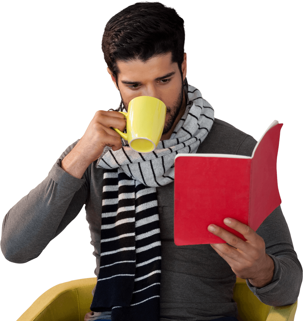 Transparent Relaxed Man Reading Book Drinking Coffee
