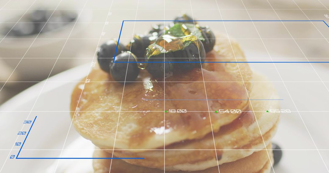 Glossy Pancake Stack with Blueberries and Pistachios under Futuristic Grid Overlay