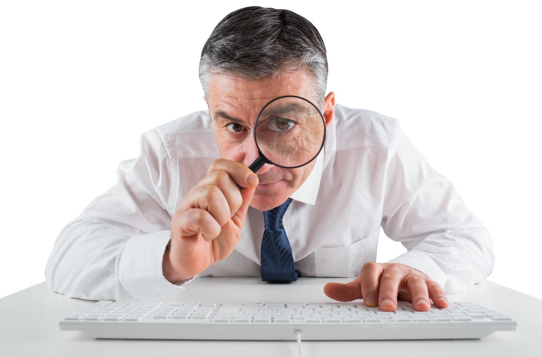 Mature Businessman Examining Computer Screen with Magnifying Glass on Transparent Background - Download Free Stock Images Pikwizard.com