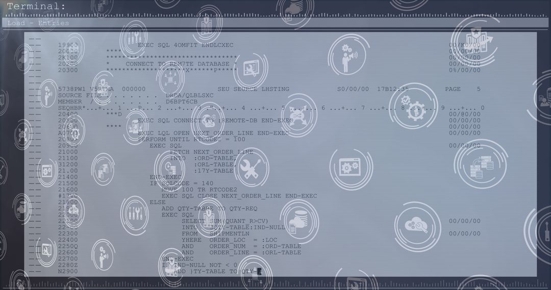 Icons Overlay on Data Screen Representing Global Connectivity and Computing Concepts