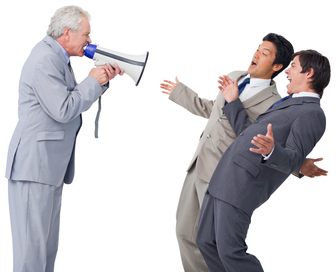 Senior Manager with Megaphone Yelling at Shocked Businessmen on Transparent Background - Download Free Stock Images Pikwizard.com