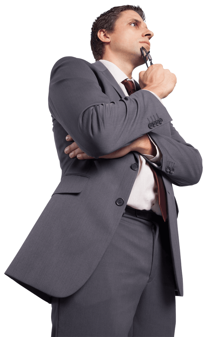 Pensive Businessman in Suit Holding Glasses on Transparent Background