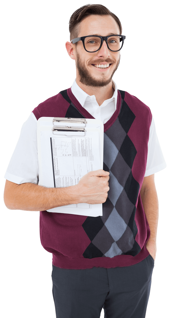 Geeky Man in Argyle Vest Holding Clipboard Smiling Transparent Background