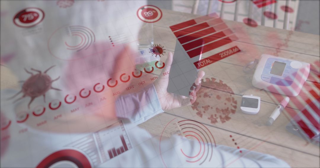 Elderly Woman Engaging with Smartphone Surrounded by Data Visualizations