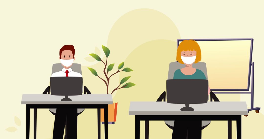 Office Workers in Masks Observing Social Distancing