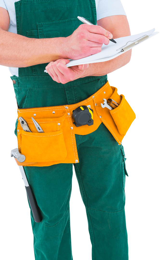 Transparent Handyman in Green Overalls Writing on Clipboard