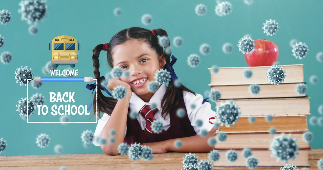 Smiling Schoolgirl with Covid-19 Virus Graphics in Classroom