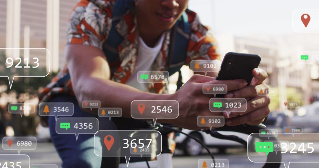 Tech-Savvy Urban Cyclist Engaged with Smartphone