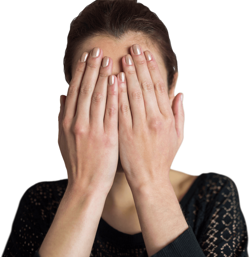 Transparent Portrait of Woman Covering Face with Hands