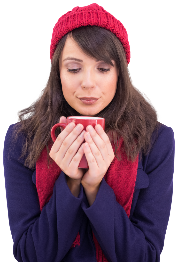 Transparent Festive Brunette Holding Warm Mug in Cozy Winter Outfit - Download Free Stock Images Pikwizard.com