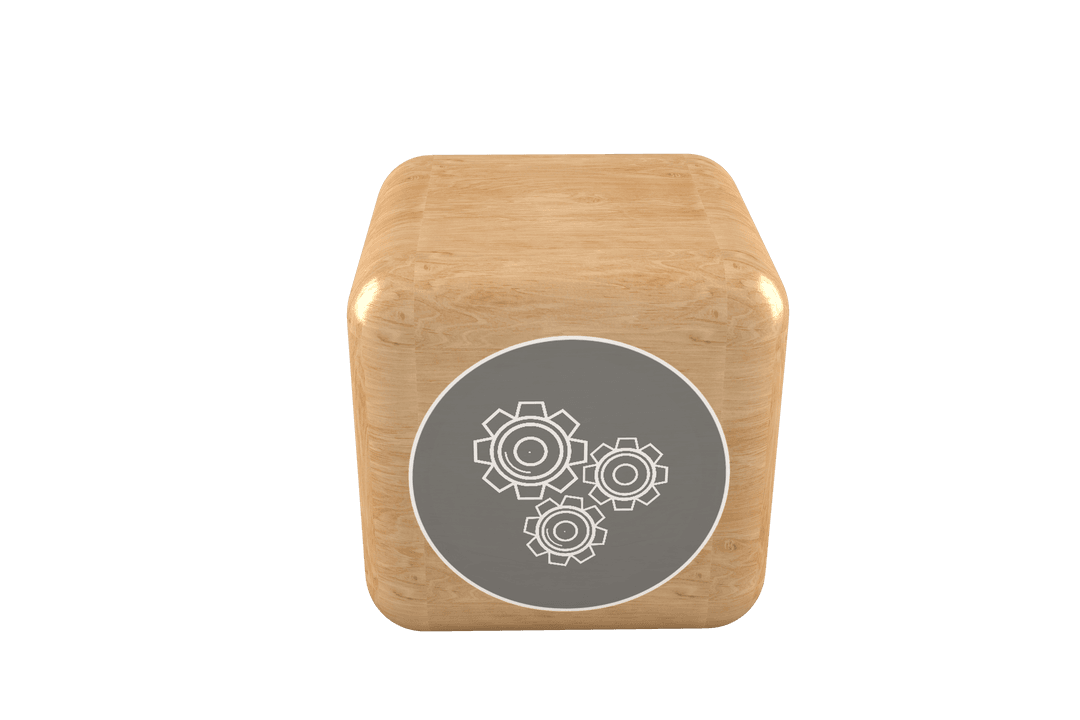 Transparent Wooden Cube Illustration with Cogs Icon