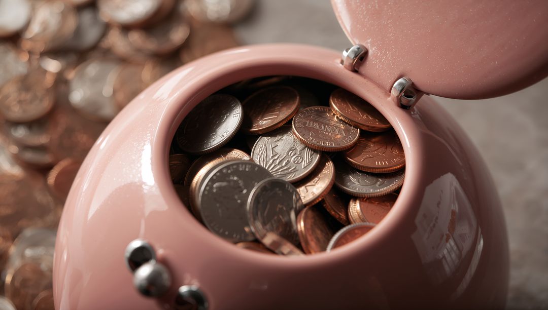 Pink Coin Container Holding Assorted Pennies and Nickels Opens Hinged Lid