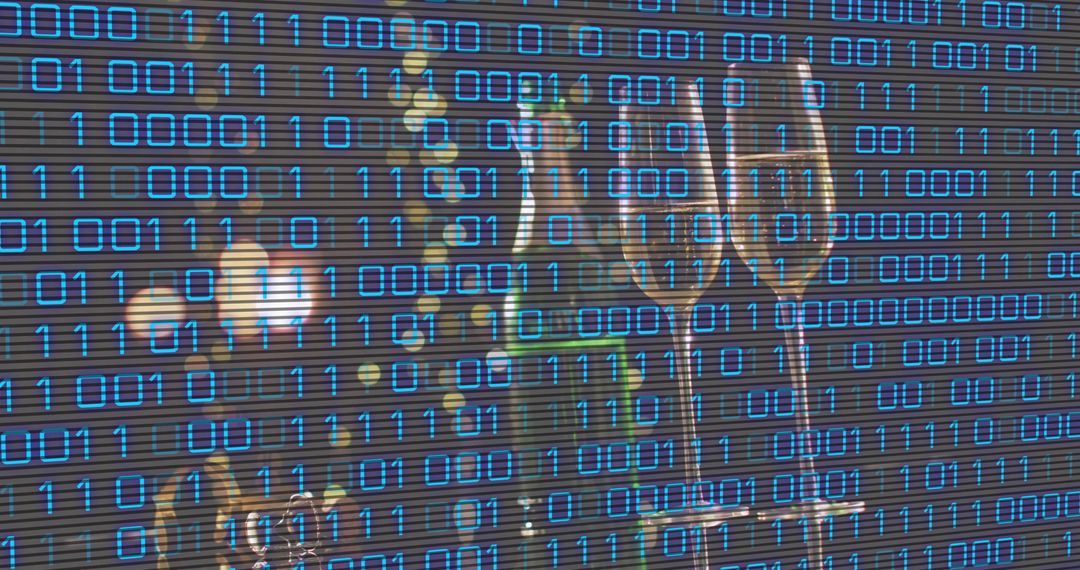 Celebrating with champagne flutes and glowing binary overlay blending party and tech