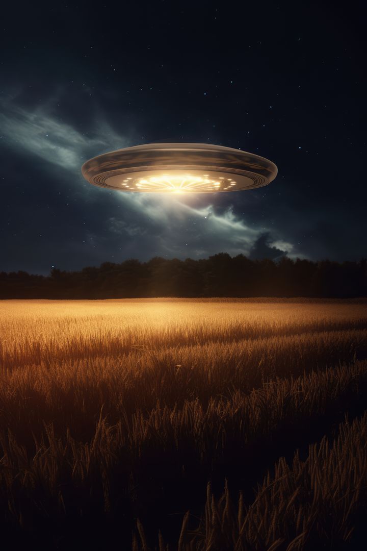 Glowing UFO Hovering Over Wheat Field at Night - Free Images, Stock Photos and Pictures on Pikwizard.com