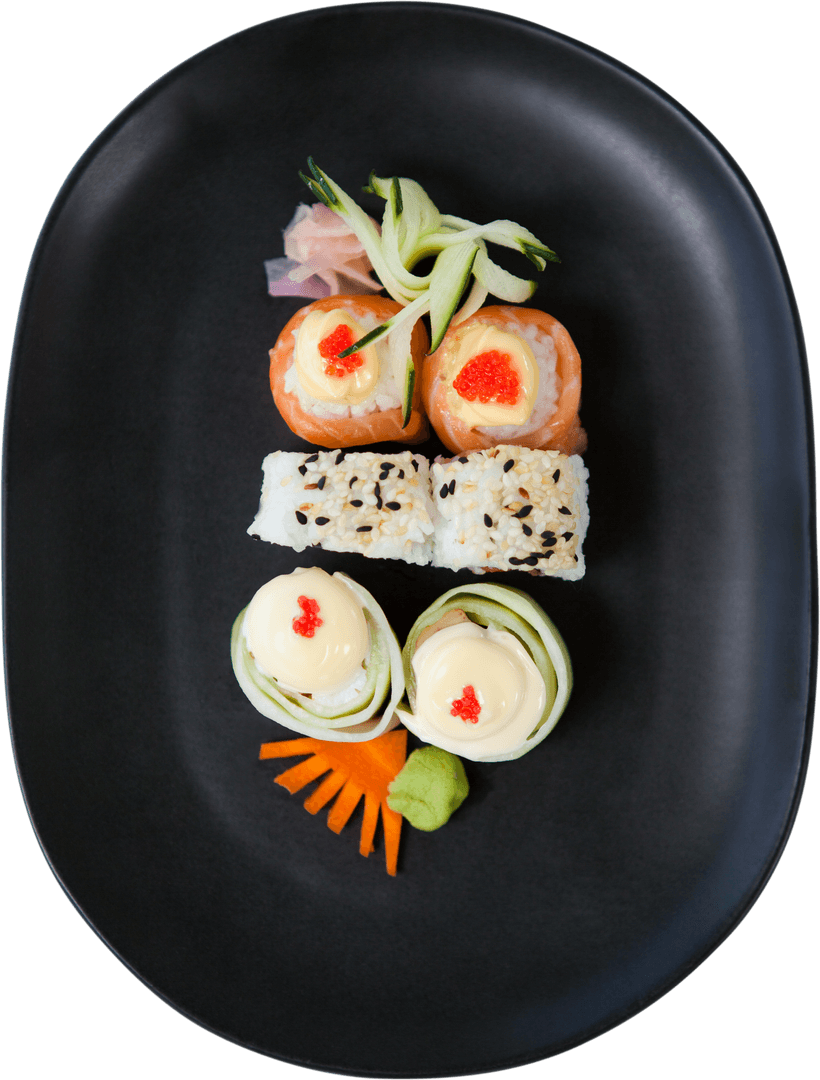 Transparent Plate with Assorted Sushi and Carving