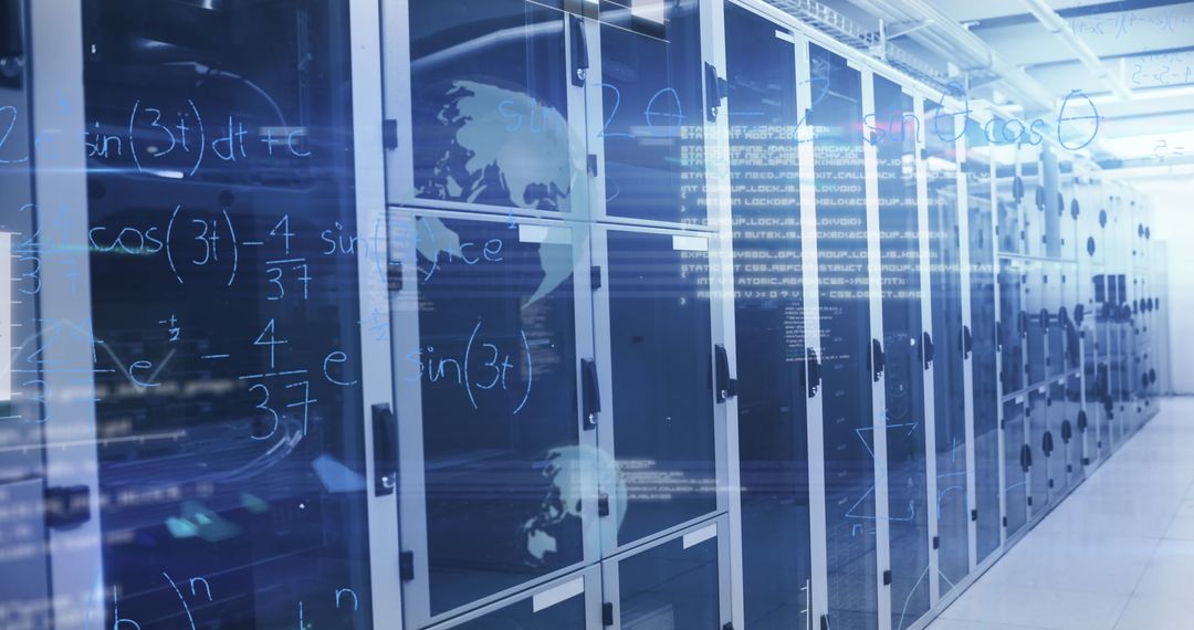 Futuristic Data Center with Digital Overlays and Server Cabinets