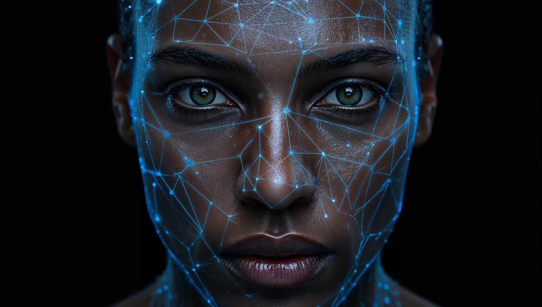 Futuristic facial mesh overlay tracing landmarks on intense closeup female portrait