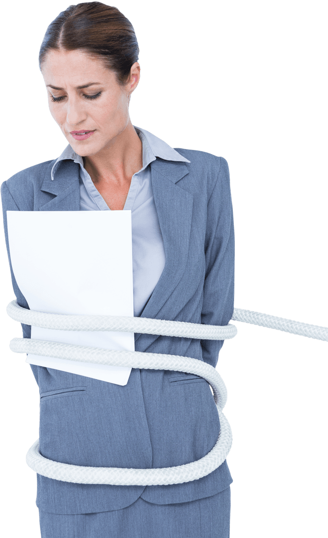 Stressed Businesswoman Tied in Rope on Transparent Background
