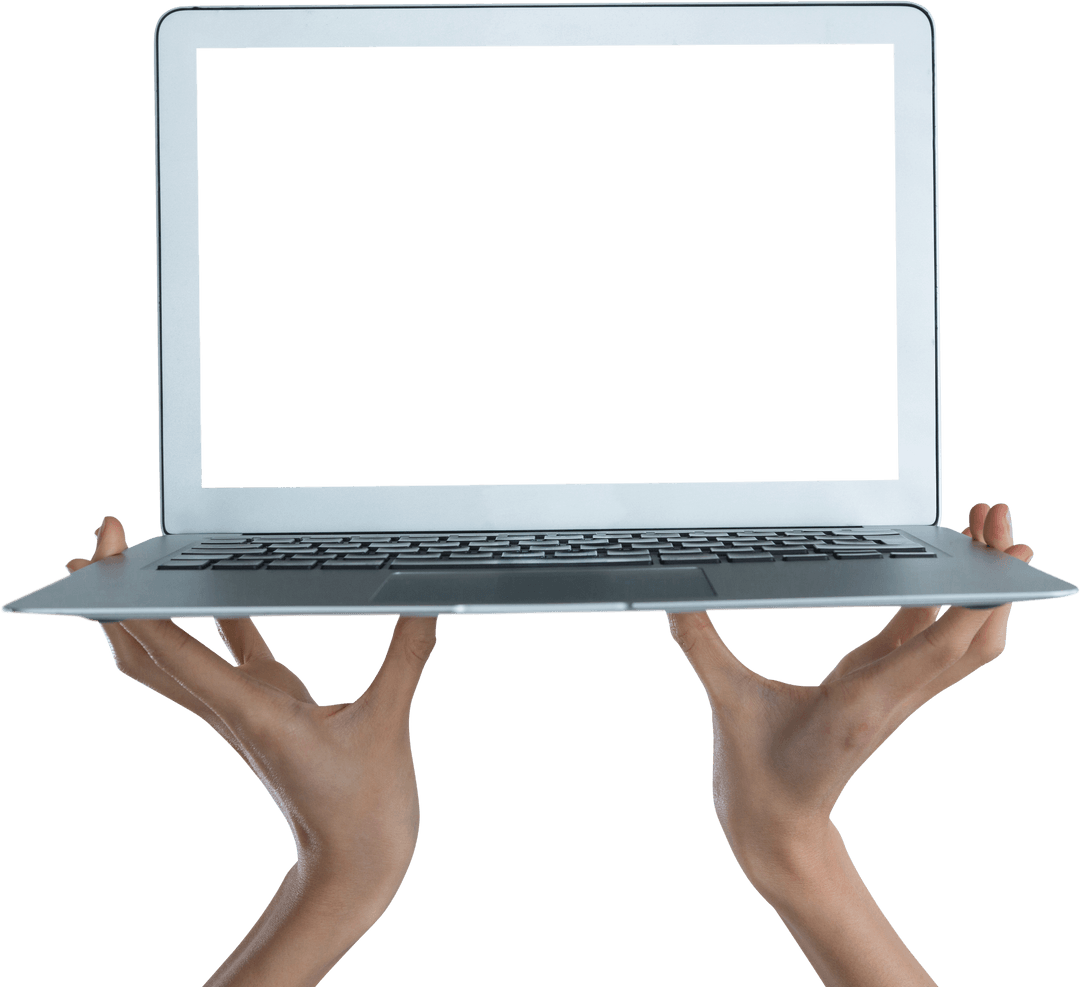 Female Hands Holding Transparent Laptop with Open Screen