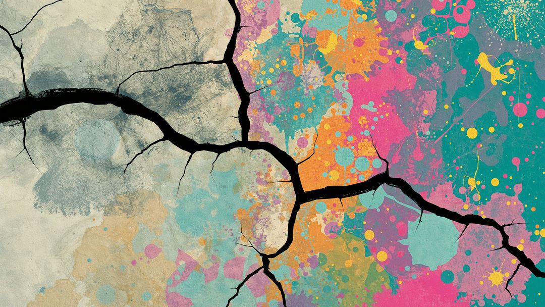 Cracked canvas with multicolor paint splatters and earthquake textured surface