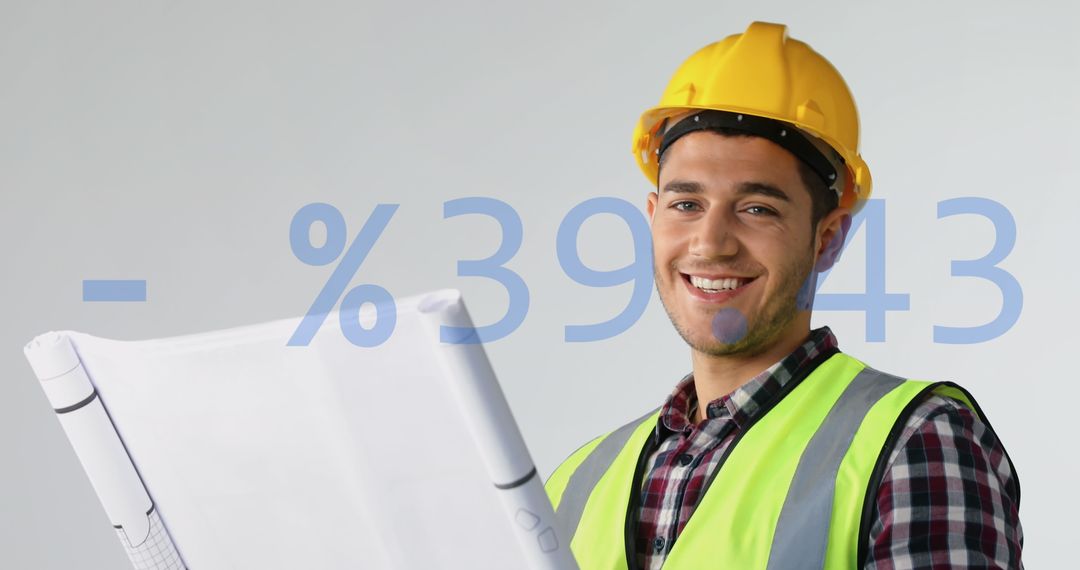 Smiling Engineer Holding Blueprint with Symbols Overlay