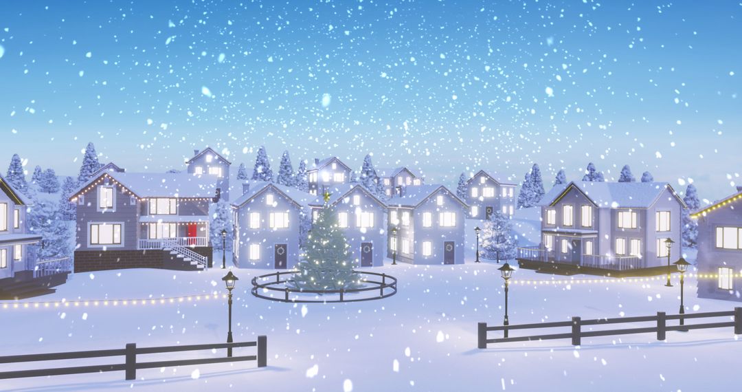 Snowy Christmas Village with Illuminated Tree in Winter Wonderland