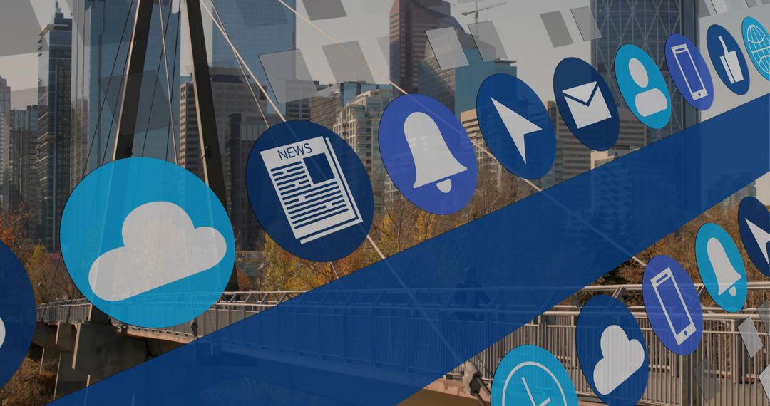 Overlaying Tech App Icons Across Urban Riverside Bridge and City Skyline for Connectivity