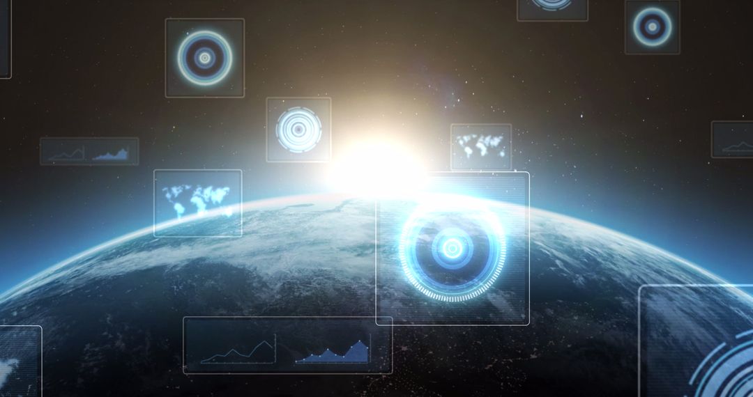 Global Data Processing Screens Hovering Above Earth Horizon