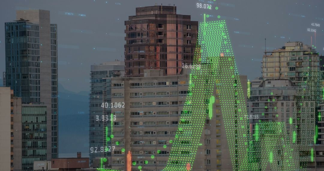 Cityscape with Financial Data Overlay in Digital Theme