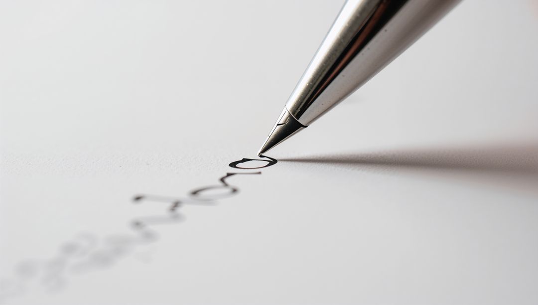 Closeup metal pen nib writing elegant cursive black ink on white paper with soft shadow