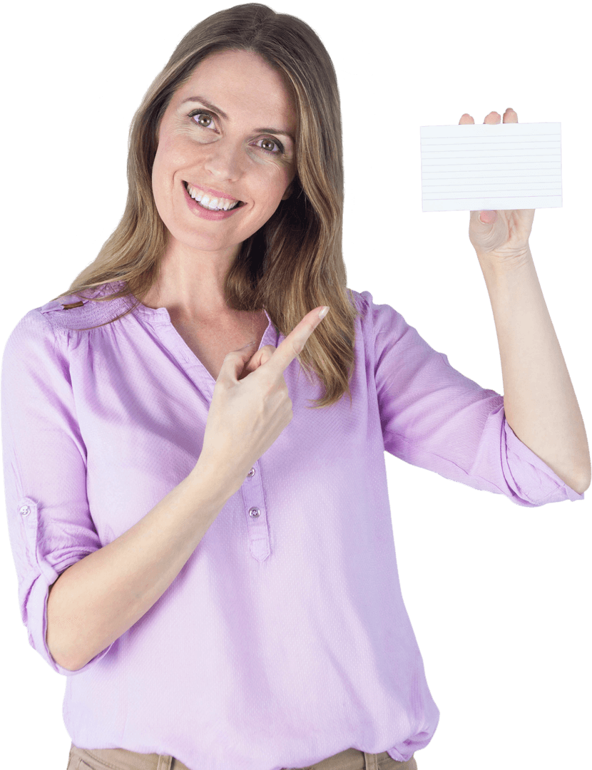 Smiling Woman Pointing at Blank Transparent Card for Text