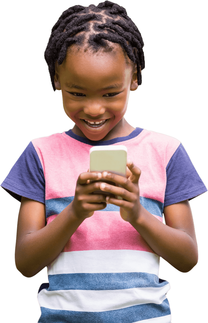 Joyful African-American Child Exploring Smartphone Technology on Transparent Background