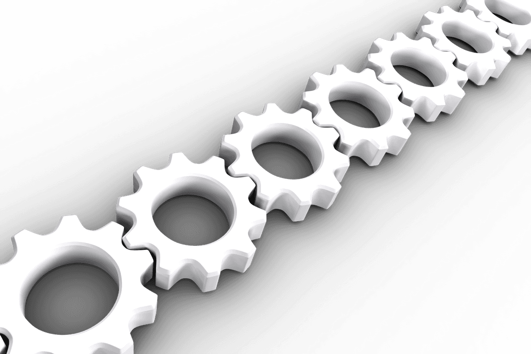 Row of Transparent White Cogs and Wheels on Black Background