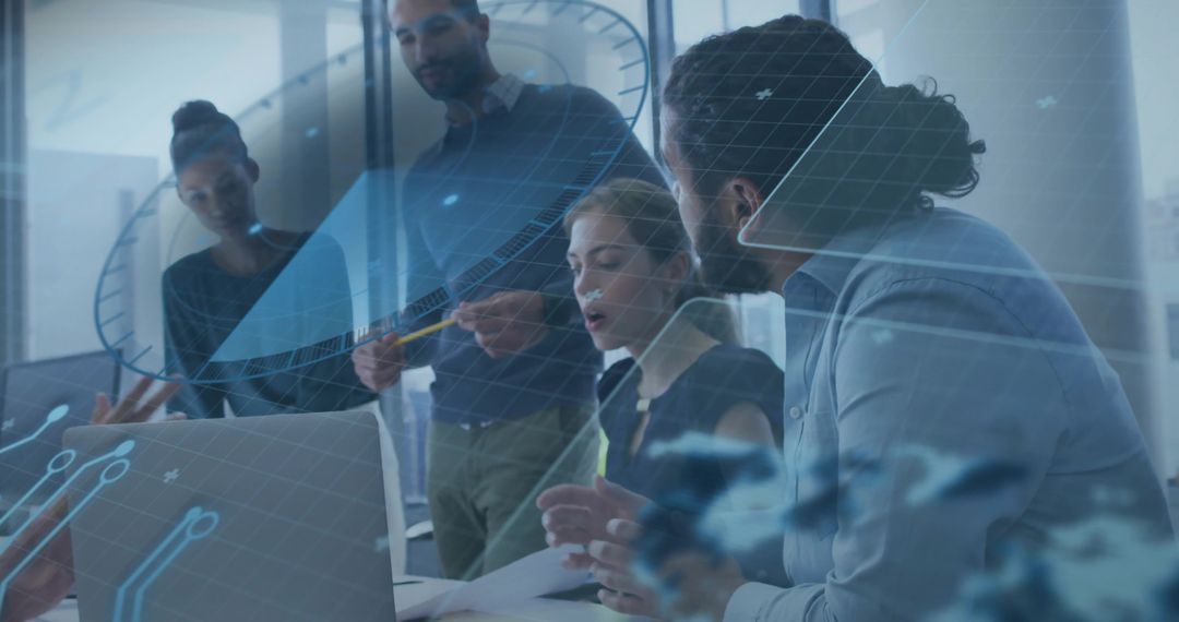 Business team collaborating over laptop with AR data overlay in modern office