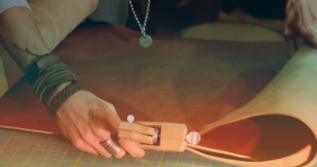 Artisan Skillfully Cuts Leather at Craft Workshop