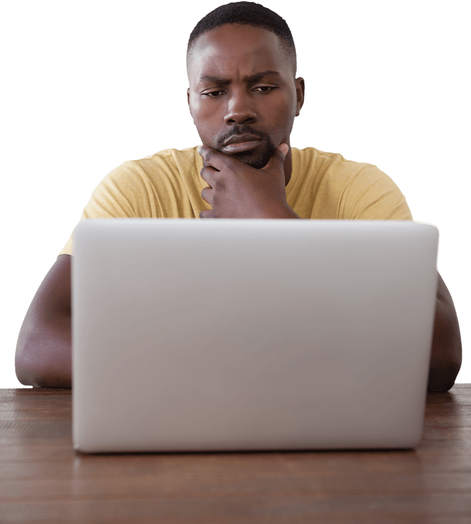 Transparent Thoughtful Man Analyzing Laptop at Table