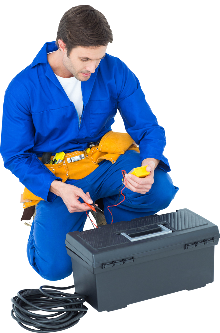 Transparent Electrician Kneeling with Multimeter and Tool Box - Download Free Stock Images Pikwizard.com