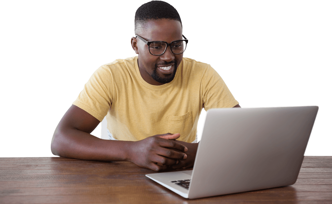 Smiling Man with Laptop in Transparent Background