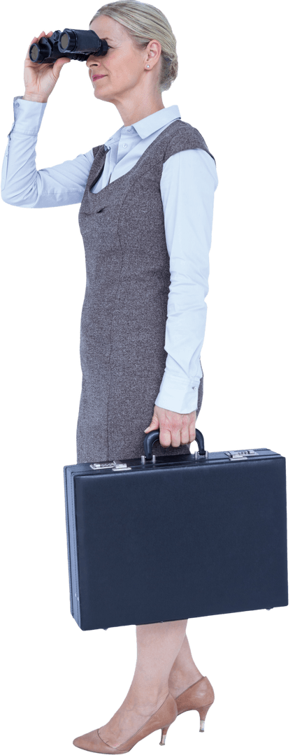 Transparent Businesswoman Holding Briefcase Using Binoculars