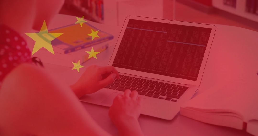 China Flag Overlay with Professional on Laptop in Modern Setting