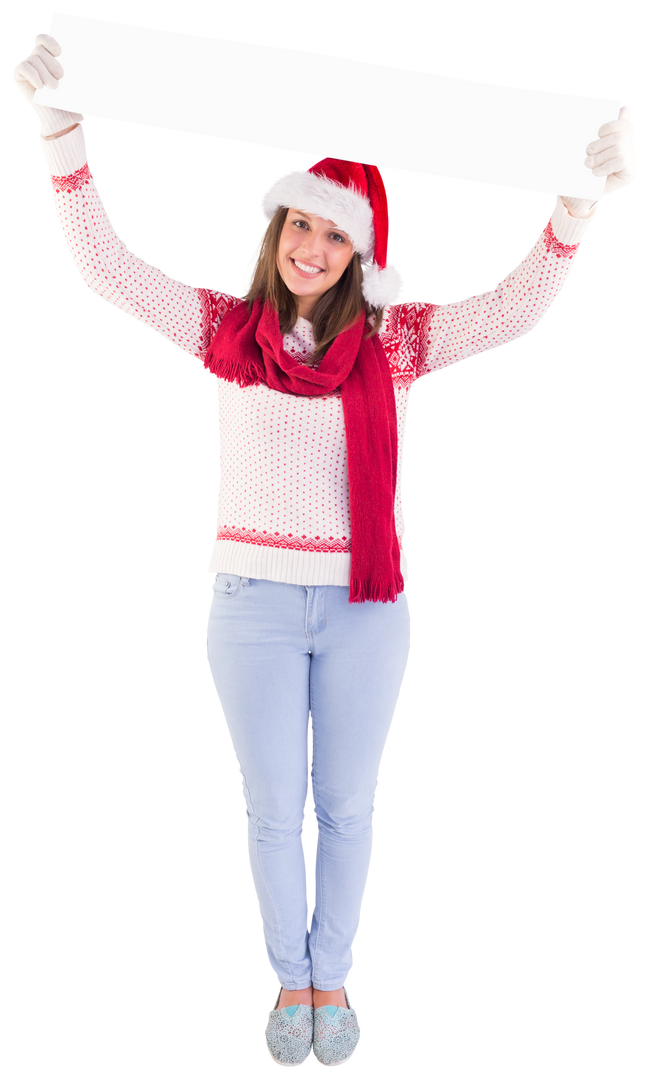 Woman Holding Transparent Holiday Banner, Dressed in Festive Attire - Download Free Stock Images Pikwizard.com