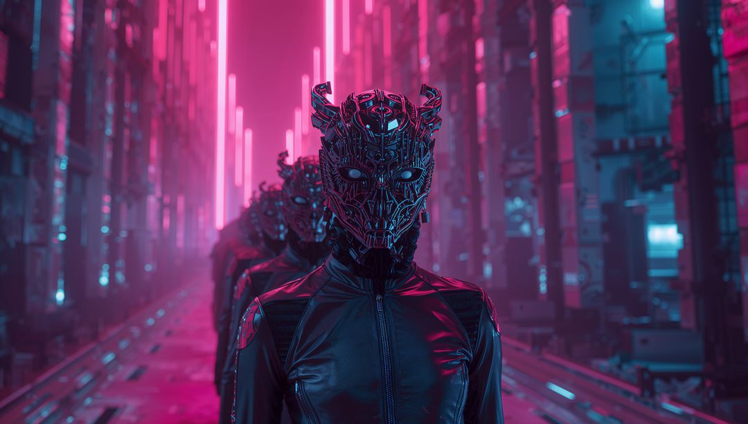 Futuristic Masked Operatives in Neon Corridor