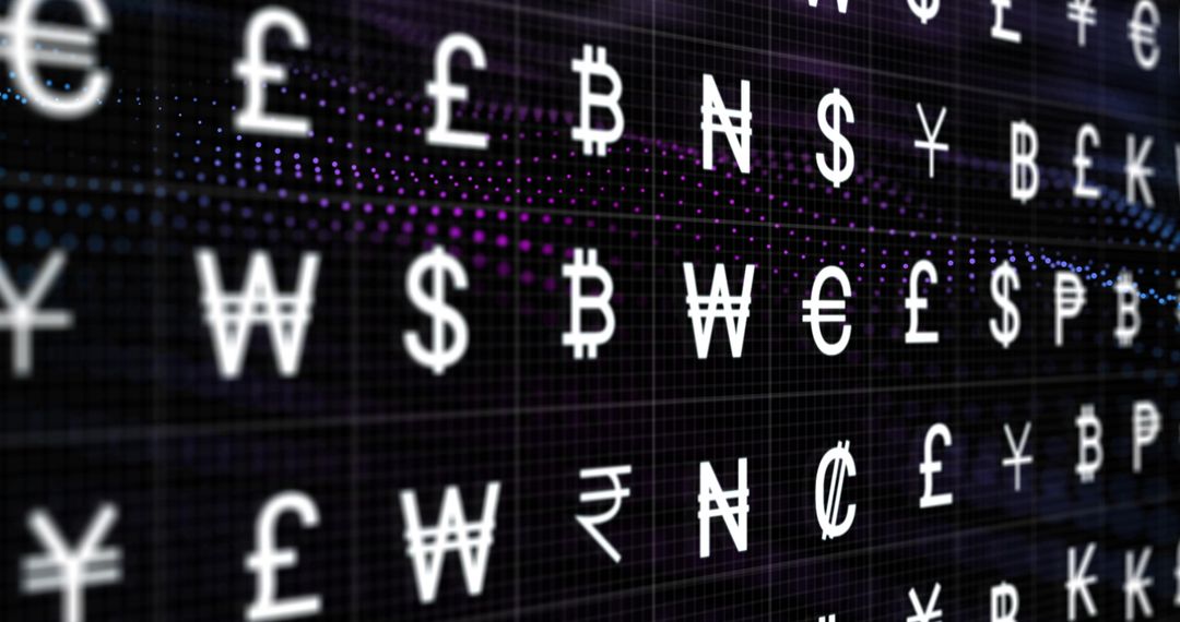 Global Currency Icons over Digital Financial Grid Backdrop
