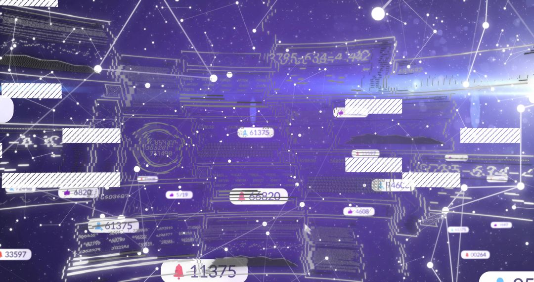 Central Data Cluster Floating in 3D Cyberspace with Network Nodes, Numeric Tags, Wireframe