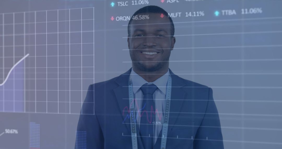 Smiling Businessman with Stock Market Data Overlay