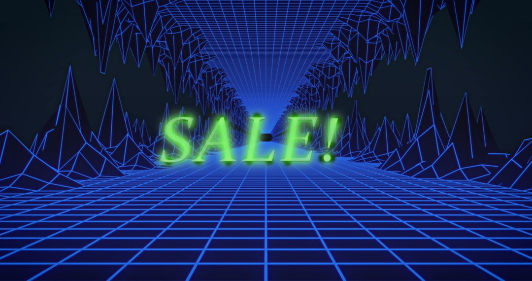 Neon Green Sale Text on Retro Futuristic Grid Background