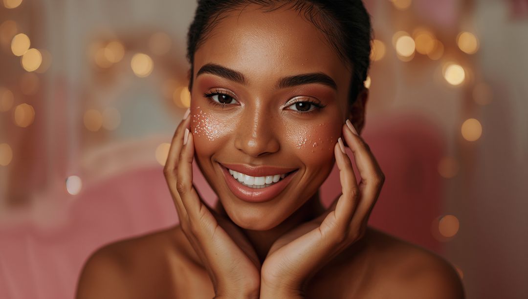 Elegant Smiling Woman with Glitter Makeup in Soft Light